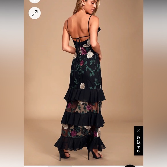 LuLus True to Heart Black Floral Embroidered Maxi Dress Rose ruffle gown Small - Picture 3 of 15